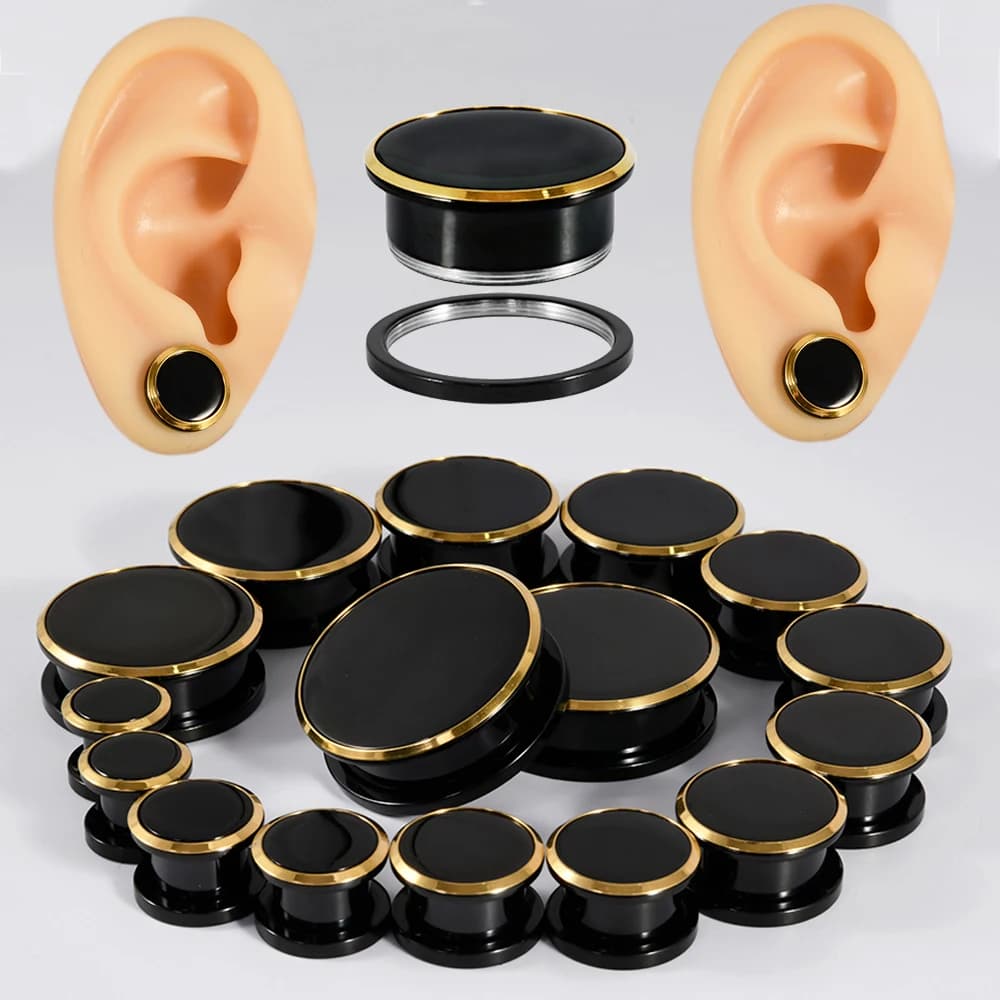 Black Mirror Surface Round Pulley Ear Plugs Surgical Steel Thread Gold Line Ear Tunnel Expansion Ear Gauge Strengther Earring
