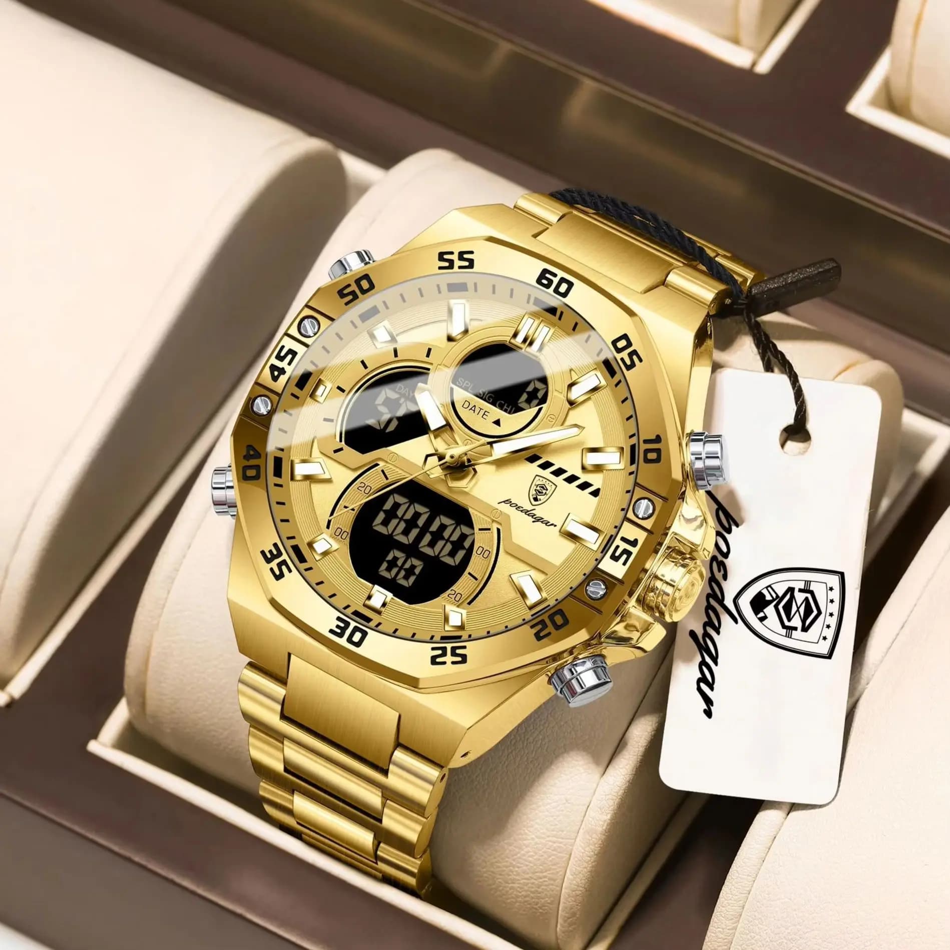 POEDAGAR Sports Wrist Watch for Men, Quartz, Luminous LED, Waterproof, With Date and Day of Week, Original, Stainless Steel, Digital