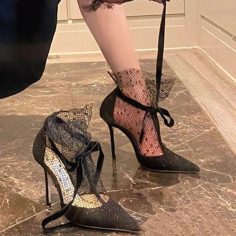 Spring and summer new pointed toe breathable lace mesh women's shoes thin heel banquet dress cool boots versatile high heels