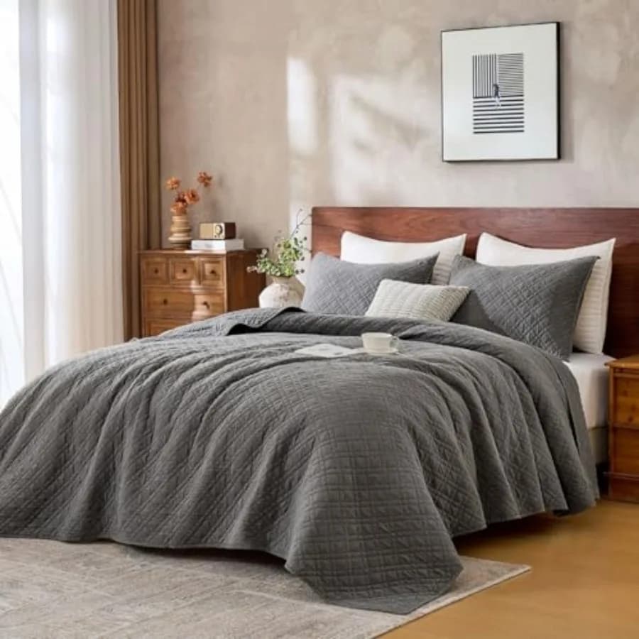 Set Copriletto Trapuntato Leggero con Federe, Coperta Sottile Trapuntata, Copriletto Vintage Lavato per Tutte le Stagioni