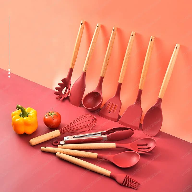 12-Piece silicone cookware set with wooden handle non-stick frying pan scraper baking storage bucket kitchen tools