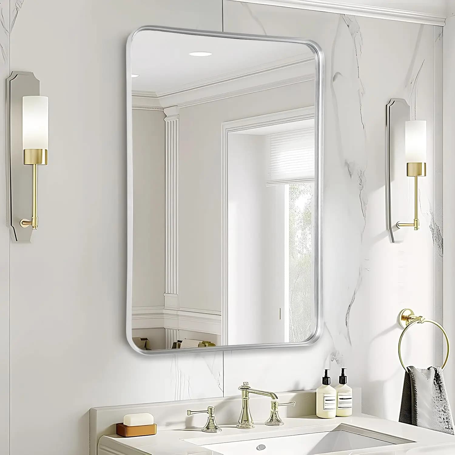 Specchio da Bagno Grande 36x24 Pollici con Cornice Argento, Rettangolare Spazzolato da Posizionare Sopra il Lavabo per Camera da Letto, Bagno, Soggiorno, Ingresso