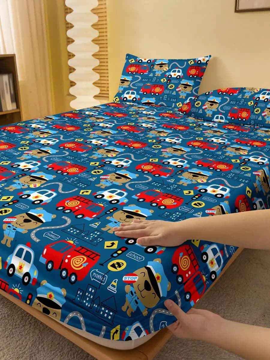 1 sheet with printed corners of blue urban transport, children's bed linen set (excluding pillowcase)