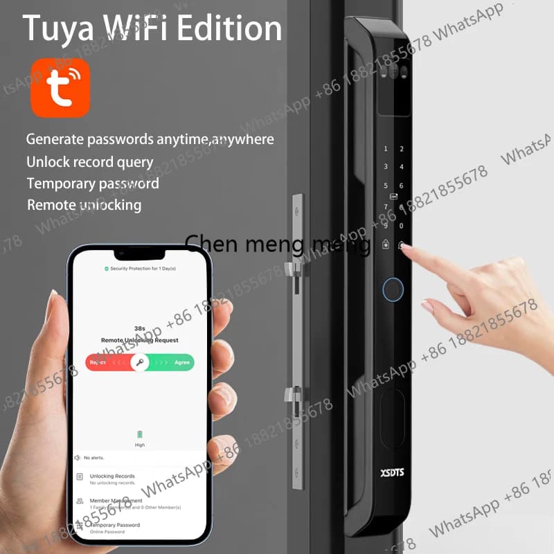 Serratura Elettronica Intelligente 3D Face Tuya WiFi per Porta Scorrevole in Alluminio e Vetro, con Riconoscimento Palmare, Password, Chiave e Impronta Digitale, Impermeabile per Esterni