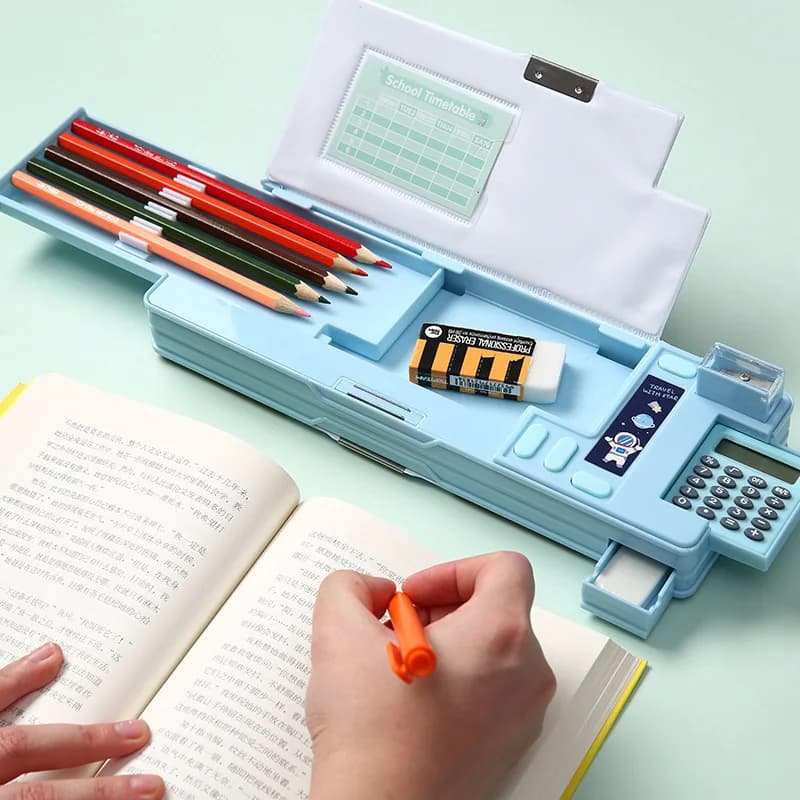 Astuccio multifunzionale per bambini con calcolatrice, organizer da scrivania per penne, matite, pennarelli, forniture per ufficio, rosa e viola De