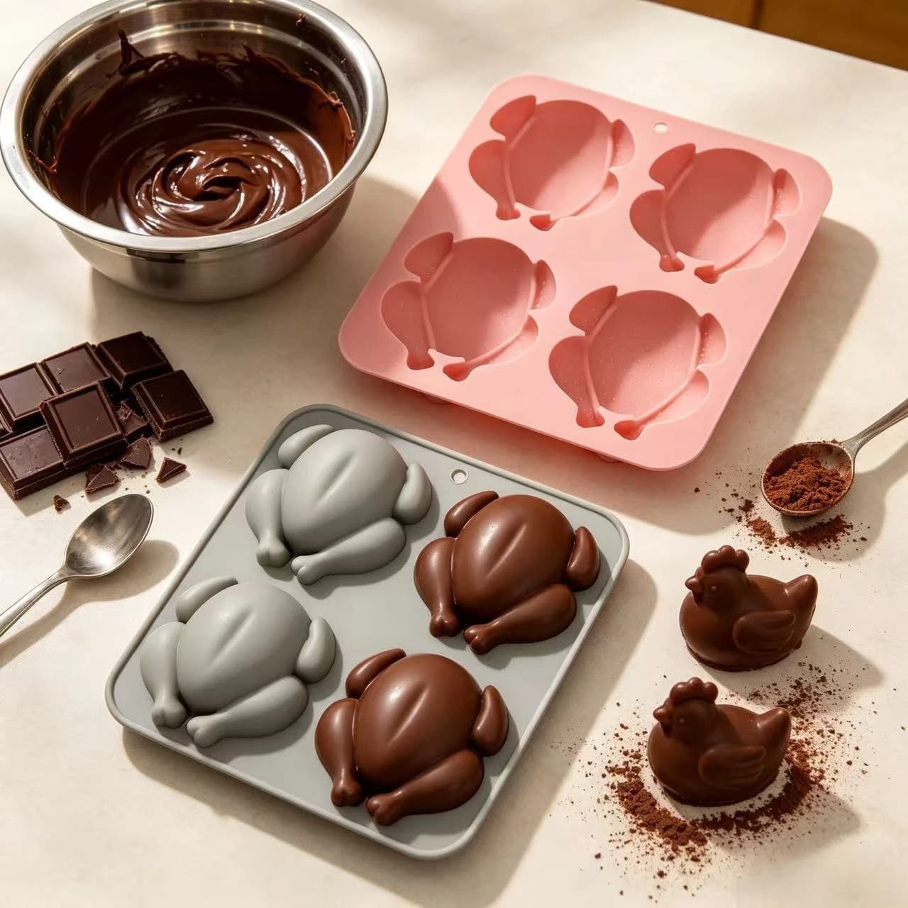 3d Chicken Shape Silicone Mold 4 Cavity Non-Stick Chocolate Candy Mould DIY Ice Cube Tray Baking Tool for Kids Party Supplies