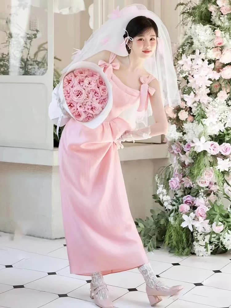 Vestaglia da mattina rosa per la futura sposa, abito da sera da donna per cerimonia, ballo, gonna a trapezio, appuntamento di nozze, cena annuale