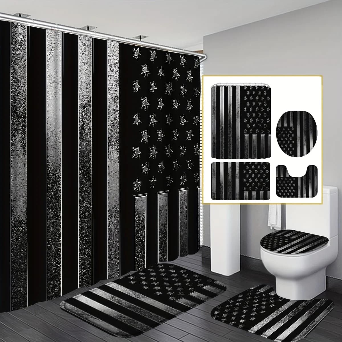 4-Piece Modern Star-Inspired Shower Curtain Set – Black & Gray Tone Bathroom Bundle with 12 Matching Hooks, Non-Slip Rug, U-Shaped Toilet Mat, and Lid Cover – Stylish Metallic-Finish Decor for Everyday Use