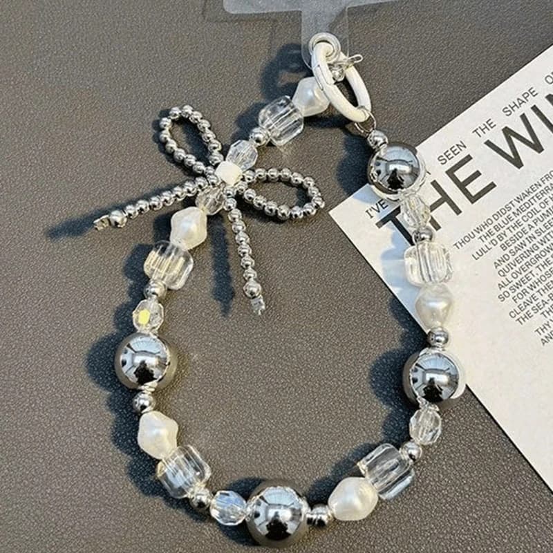 Fashionable Silver Bow Beaded Phone Chain Charm Lanyard For iPhone Samsung, Universal Accessories Jewelry Pendant