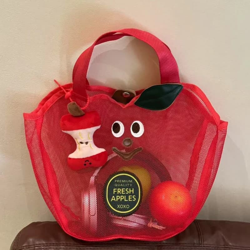 Borsa a tracolla a rete a forma di mela, leggera e portatile, per viaggi, cosmetici e spiaggia, alla moda