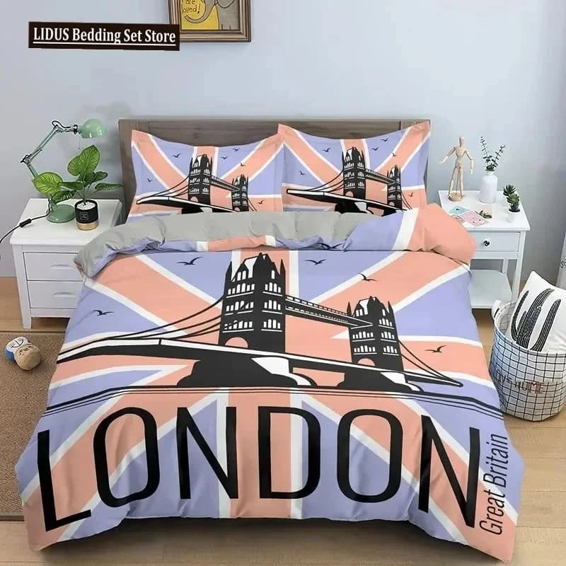 Copripiumino King Queen stile UK London Set biancheria da letto elementi britannici per adolescenti Copripiumino in poliestere London Bridge Big Ben