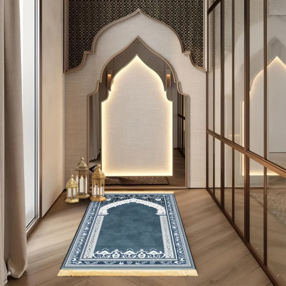 Tappetino da Preghiera Islamico VIKAMA, Blu con Stampa ad Arco Semplice, Design Boho, Musallah Lavabile e Pieghevole da Viaggio per Eid, Ramadan, Uso Quotidiano