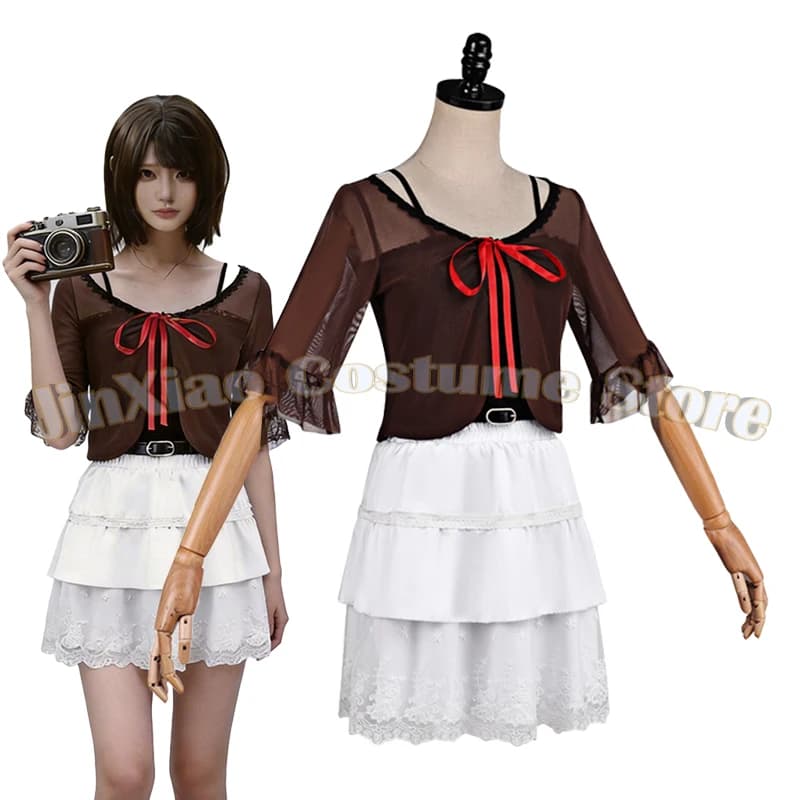 Costume Cosplay del Gioco Fatal Mio Amakura, Uniforme JK per Donne, Top Rosso con Farfalla Trasparente, Gonna Bianca a Strati, Abito per Halloween
