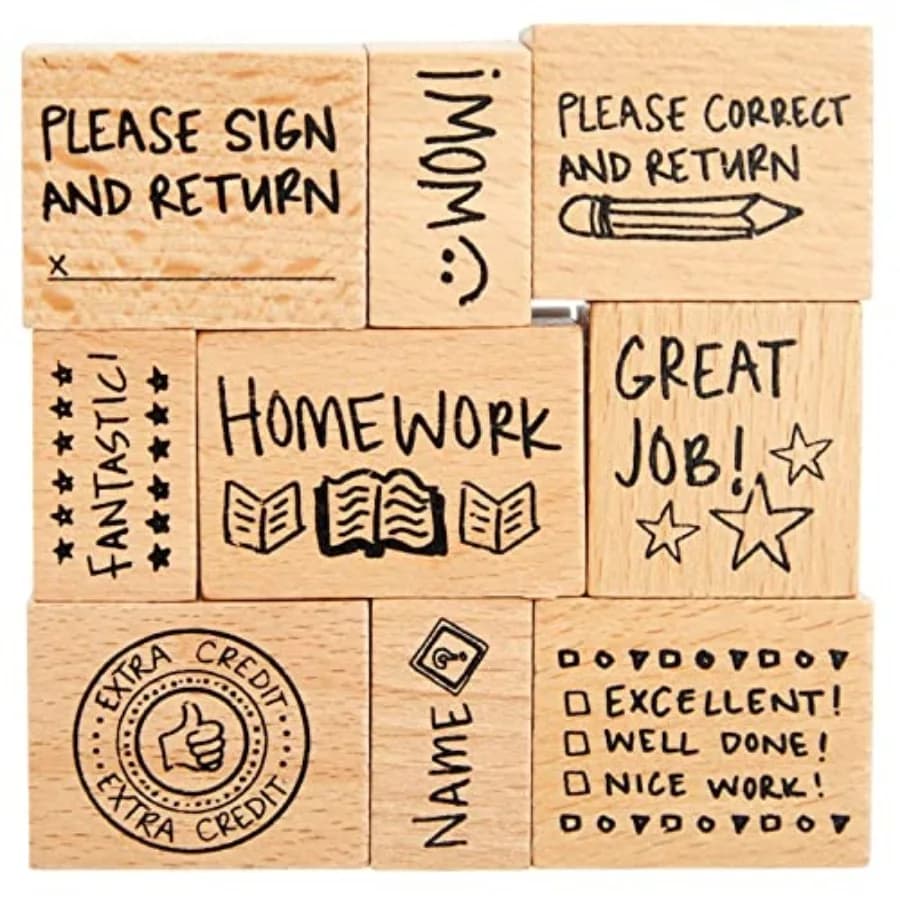 9 Piece Set of Wooden Rubber Teacher Stamps - Classroom Supplies for Grading Homework and Teacher Supplies Assorted Sizes Rubbe