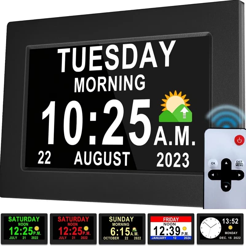 Smart Digital Photo Frame Clock – USB Powered, Plays Photos & Videos from USB/SD Cards, Built-in Calendar & Gentle Alarm, Easy-Read Display for Daily Use, Calming Visual Aid for Memory Support, Stylish Bedroom Decor
