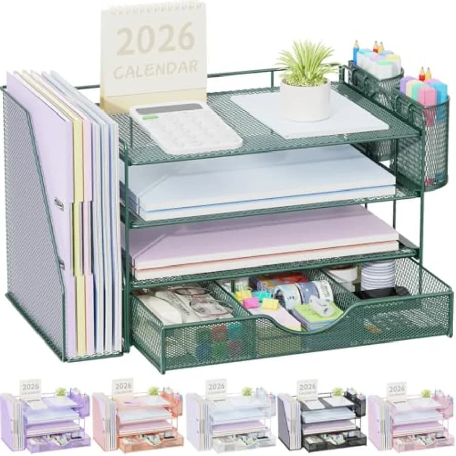 Organizzatore da scrivania a 4 livelli con cassetti, portadocumenti, vassoi per lettere e portapenne - Accessori per l'ufficio, colore verde