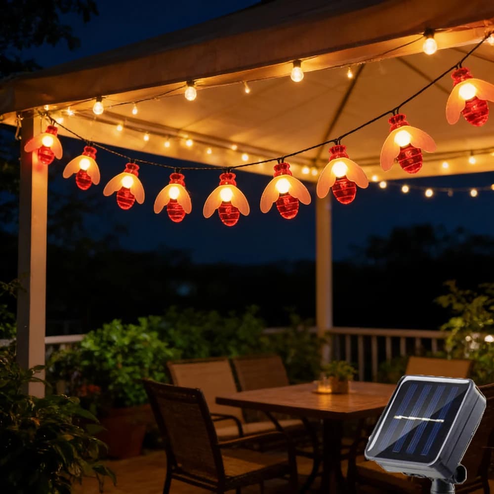 Luci a Stringa LED a Forma di Ape Alimentate a Energia Solare, 20/50/100 LED, per Giardino, Recinzione, Patio, Matrimoni, Ghirlande Luminose da Esterno