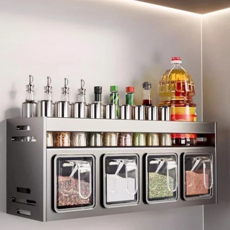 Multifunctional Wall‑Mounted Kitchen Spice Rack, Condiment Organizer with Knife Holder Combo Set