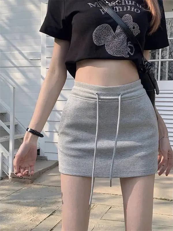 Gonna sportiva grigia da donna con coulisse, vestito in felpa a vita alta che nasconde le formine, gonna a trapezio stile coreano per il commuting