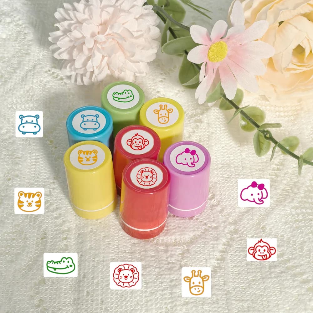 Seven animal sets of encouragement stamps featuring crocodile, giraffe, hippopotamus, monkey, elephant and tiger patterns