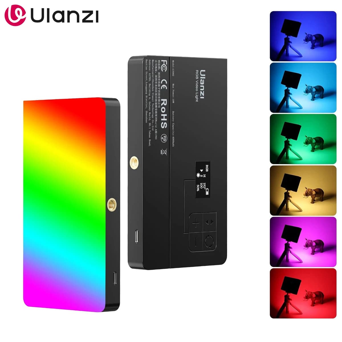 Luce video RGB ULANZI LT002, pannello luminoso LED portatile per fotocamera, 0-360 colori, CRI 95+, 2500-9000K, luce video LED 4000mAh