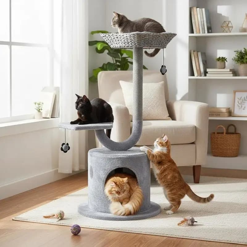 42 Inch Tall Cat Tower with Curved Metal Supporting Frame for Large and Small Cats-Gray