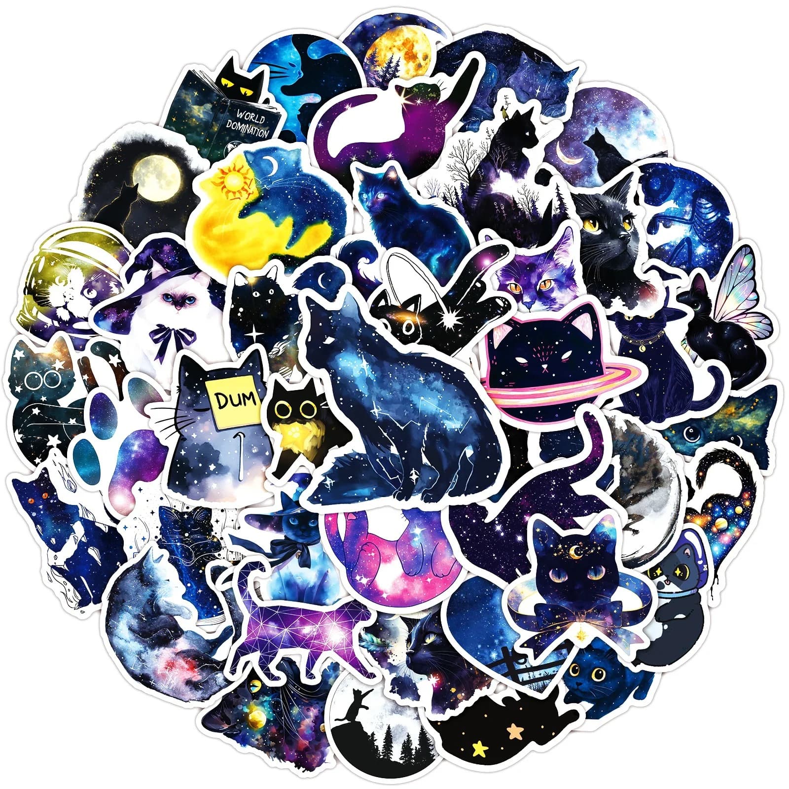 50 Pezzi Adesivi Graffiti Gatto Cielo Stellato Cartone Animato - Design Gatto Carino Impermeabile per Decorazione Notebook e Tazza d'Acqua