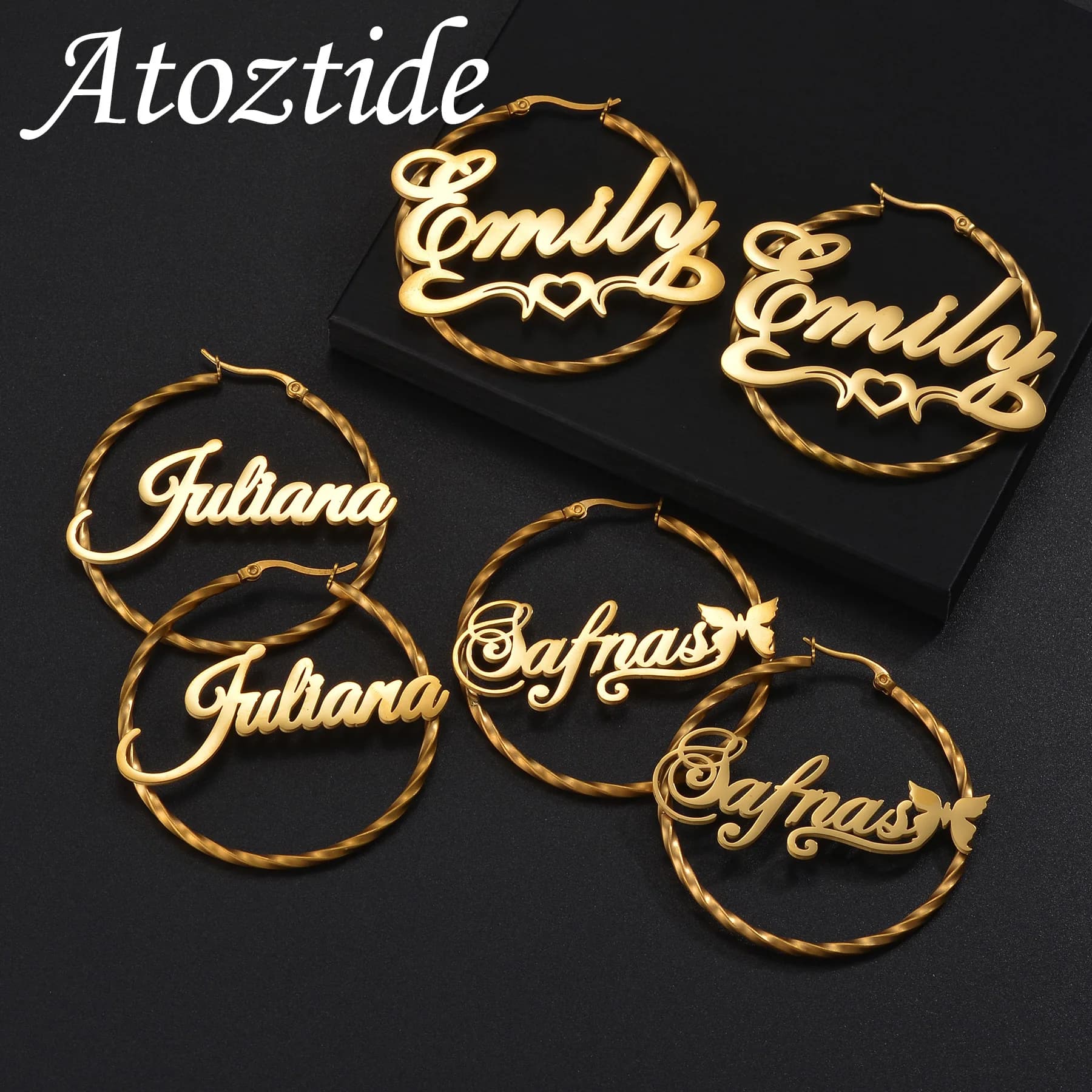 Atoztide Orecchini a cerchio con nome personalizzato per donna Anelli per orecchie in filo intrecciato personalizzato Gioielli in acciaio inossidabile Matrimoni Regalo di compleanno