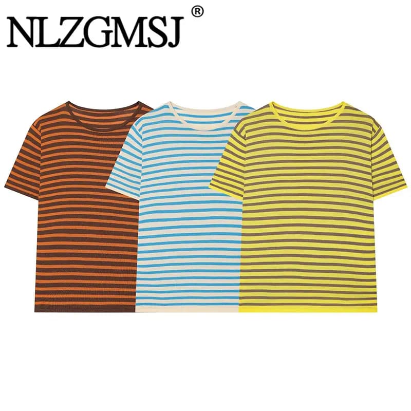 Nlzgmsj 2026 Summer Ladies Thin Knit Striped T Shirt Short Sleeve Round Neck Pullover Daily Basic Tops Y2K