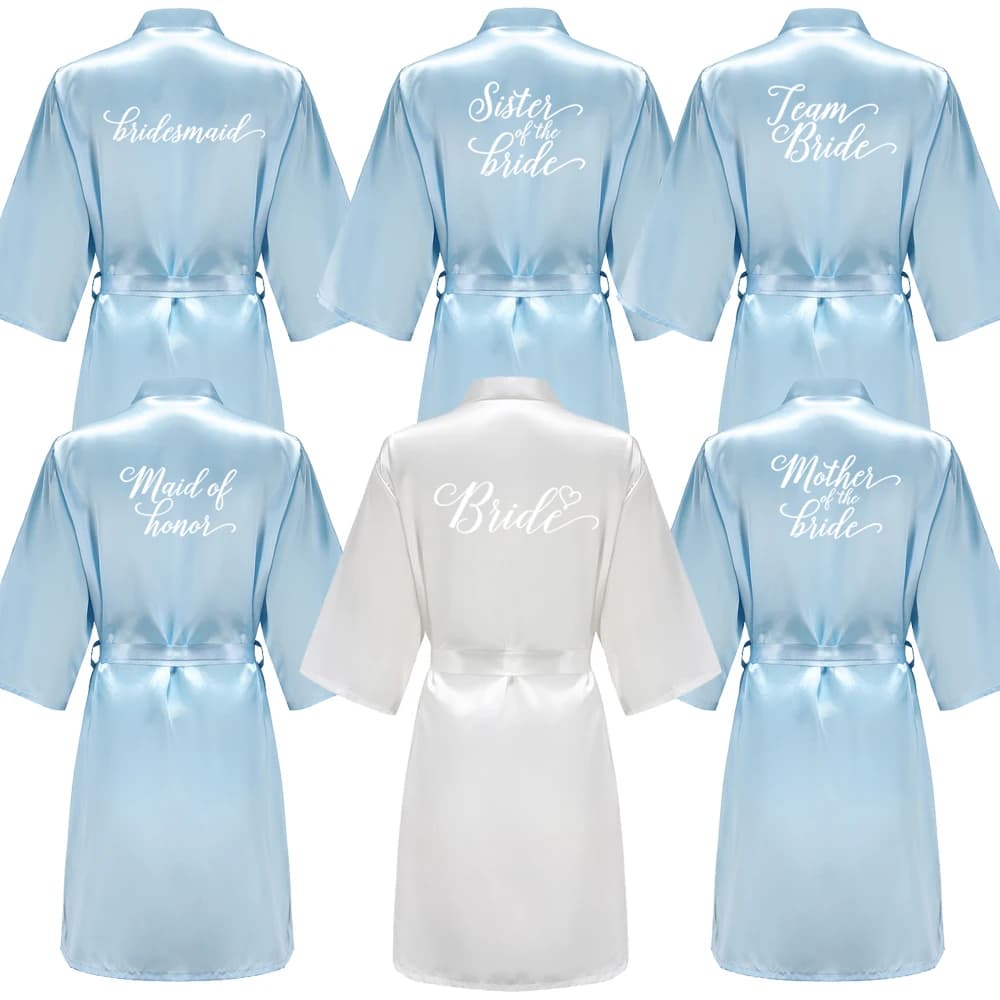 Women's short raso light blue for bride and maid with white letter, wedding dresses