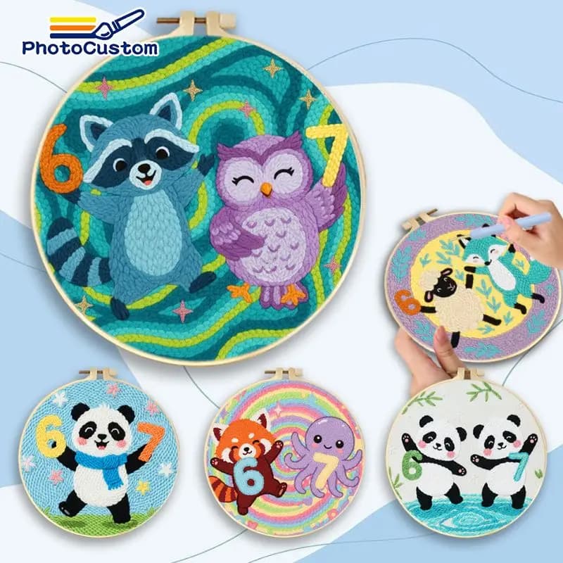 PhotoCustom 67 Cute Owl Punch Needle Wall Decor Embroidery Kit Animal Starter Needle Point Kit Modern Craft Supplies