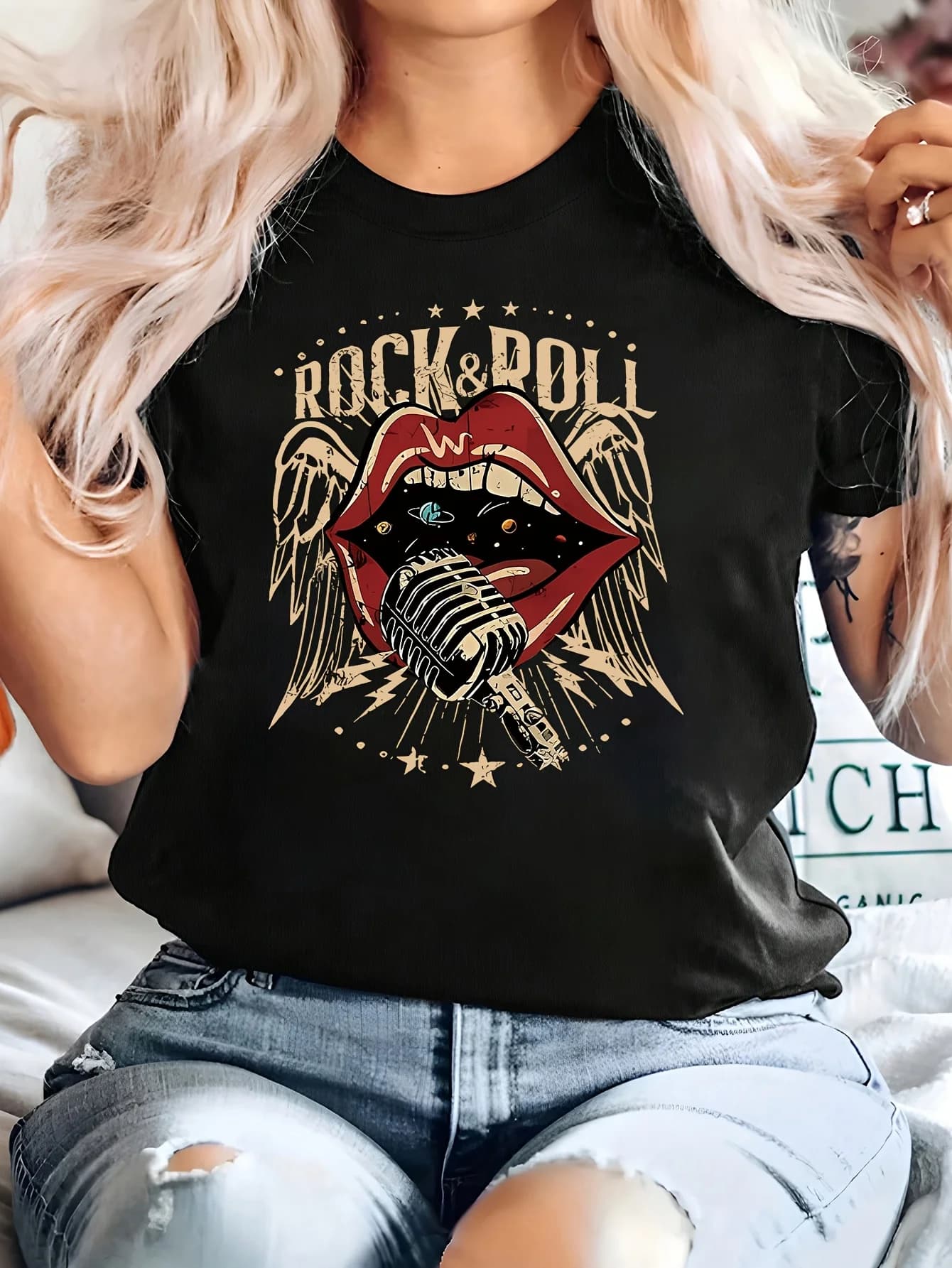 Women'S Vintage Rock Roll Microphone Mouth Graphic Tee - Casual Crew Neck Short Sleeve T-Shirt Summer Fashion Allseason Top