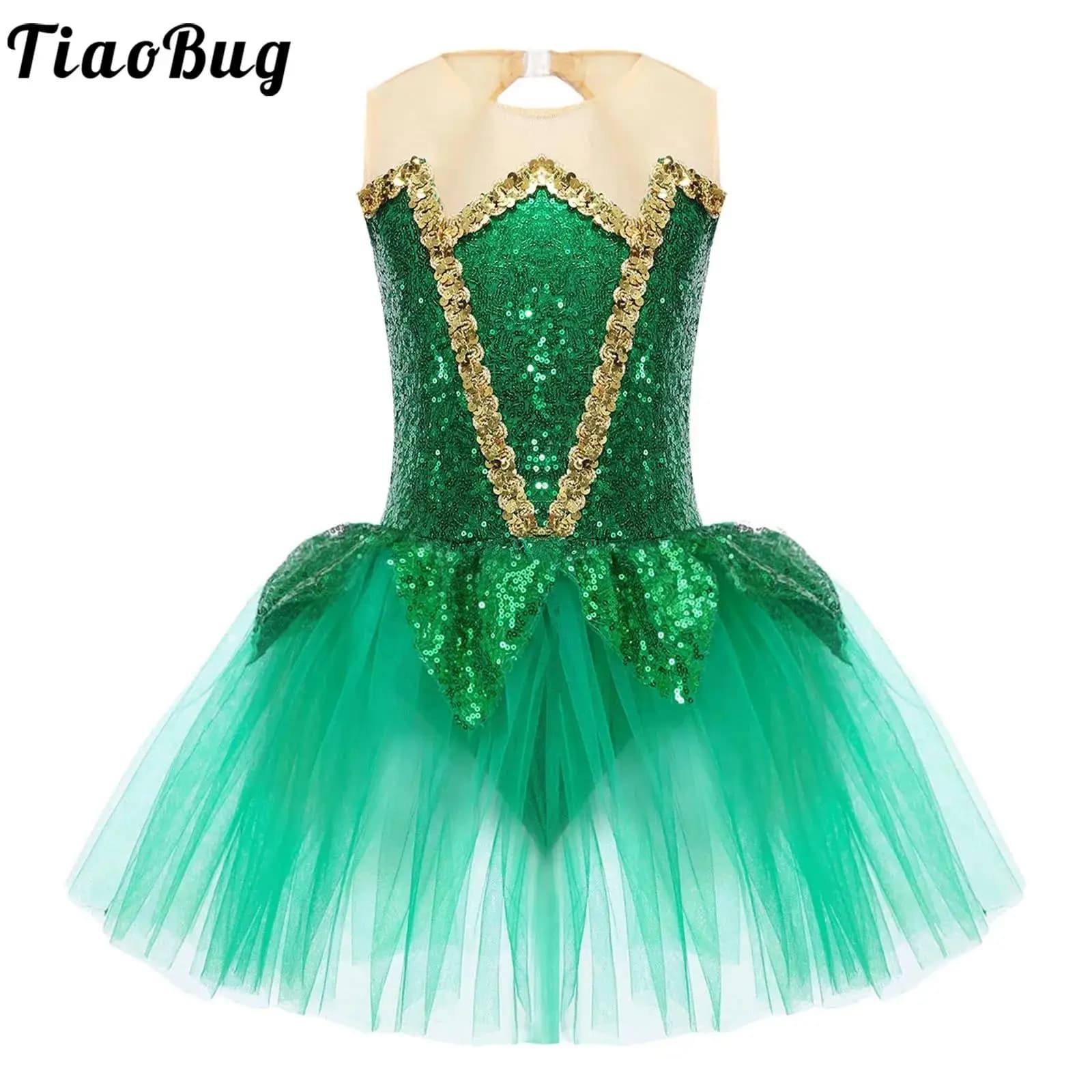 Vestito da ballo per balletto per ragazze per bambini Paillettes verdi Halloween Elfo Maglia Tutu Ginnastica Body Pattinaggio di figura Costume da spettacolo di danza