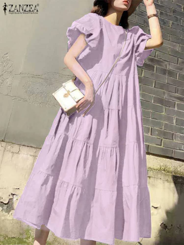 ZANZEA abiti lunghi solidi da donna abito elegante con volant abito estivo Casual con maniche a sbuffo Maxi Vestidos Party Robe Femme Oversize prendisole