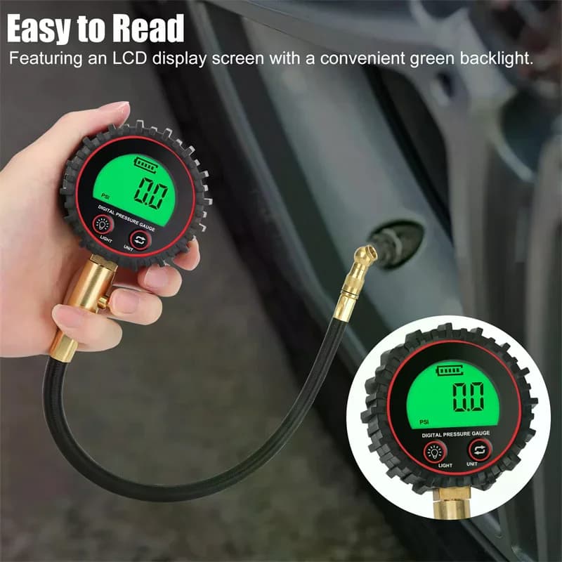 Manometri di gonfiaggio della pressione dell'aria dei pneumatici con display digitale Retroilluminazione a LED Tester per veicoli Manometri di monitoraggio dell'inflazione con tubo flessibile