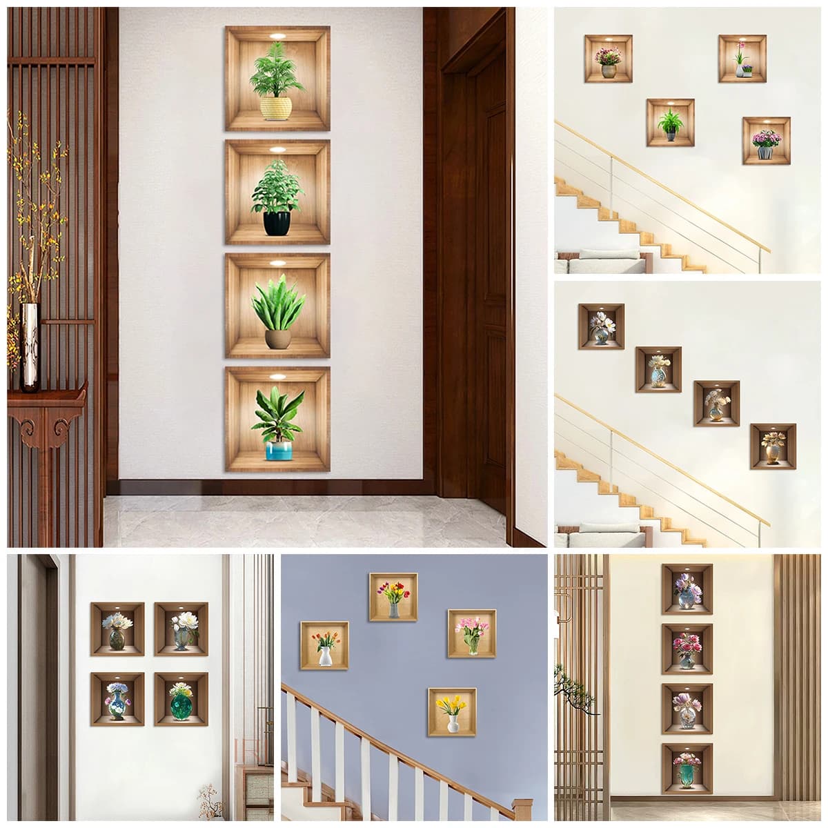 Set di 4 Adesivi Murali di Piante in Vaso Simulate, Decorazione per Armadi e Pareti, Impermeabili in PVC Senza Cornice