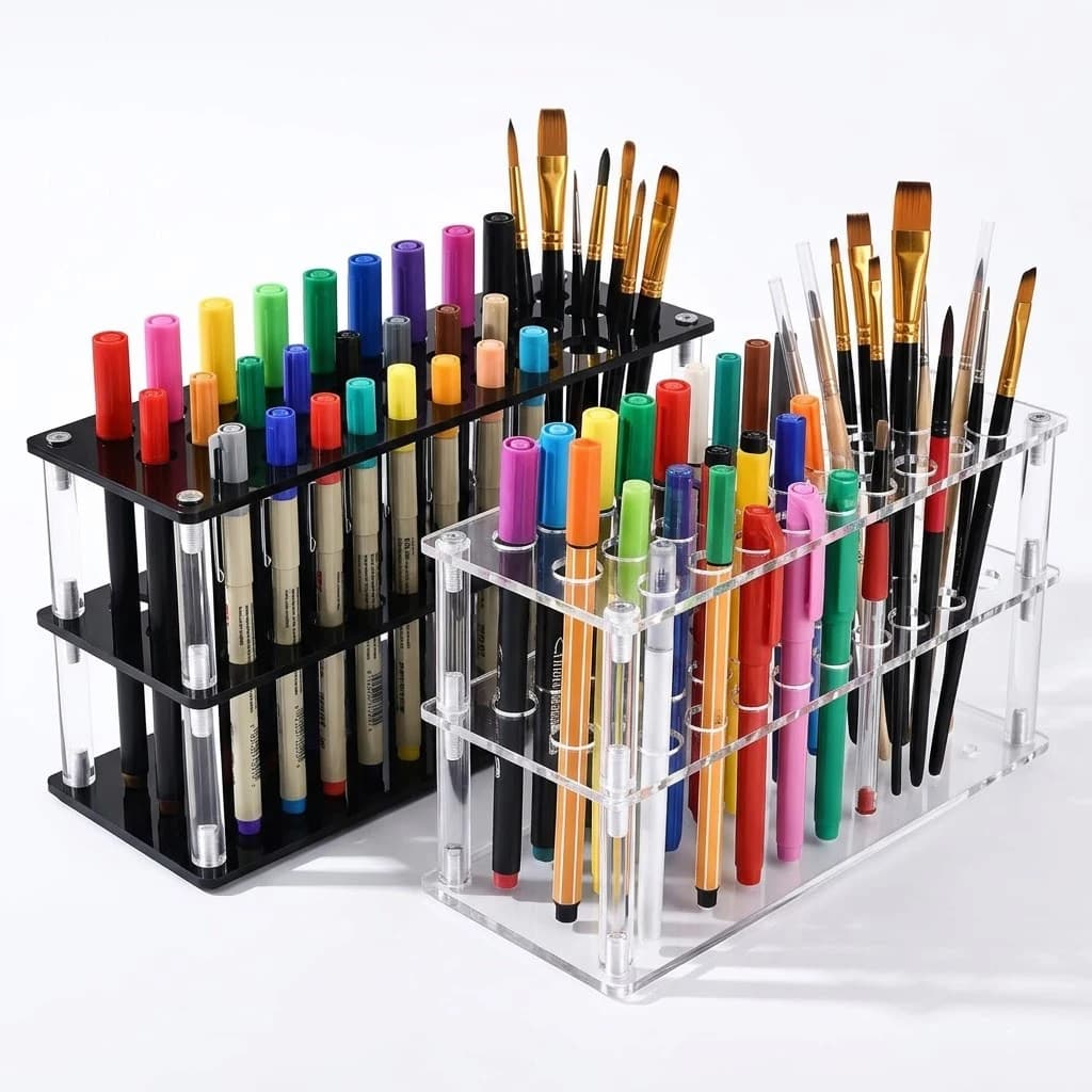 Acrylic Pencil Brush Holder, 3-Tier Desk Organizer Stand for Paint Brushes Pens Markers Makeup Brushes, 9.45 Inch Art Supply Organizer for Artist Home Office Studio, Black/Clear