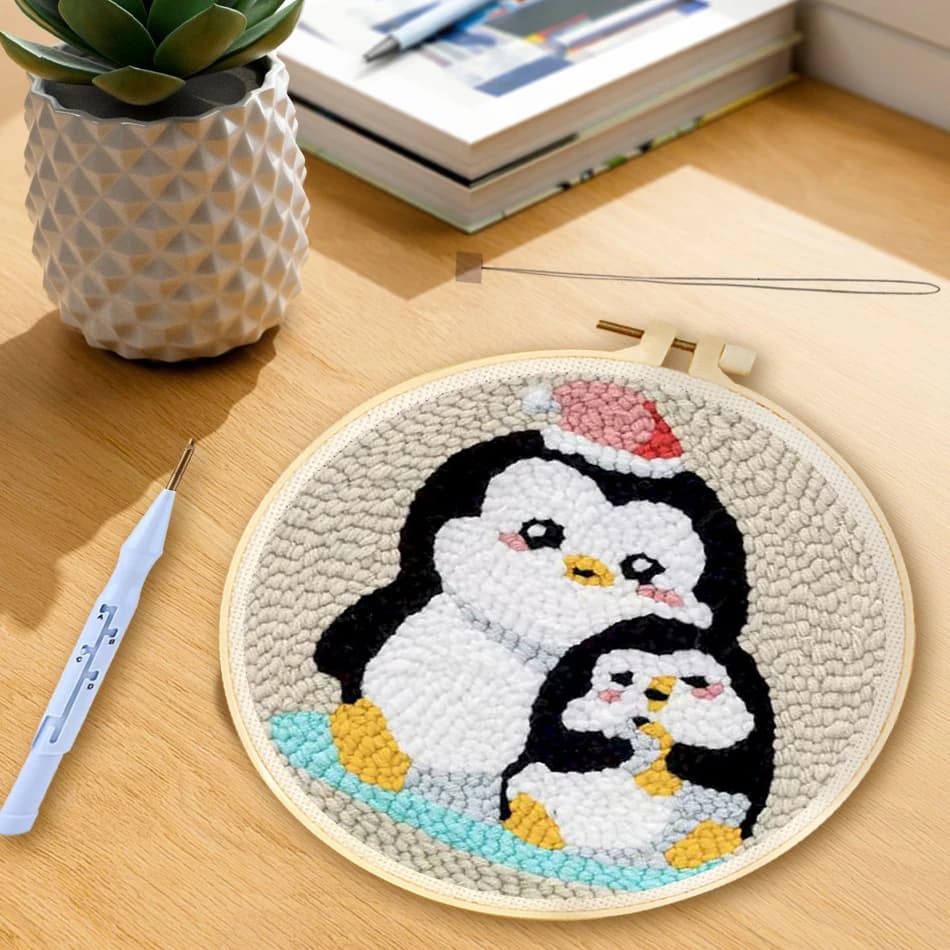 Kit per ricamo punch needle a forma di pinguino per principianti, arte e artigianato, aghi per ricamo, cucito per bambini, set artistico, regalo