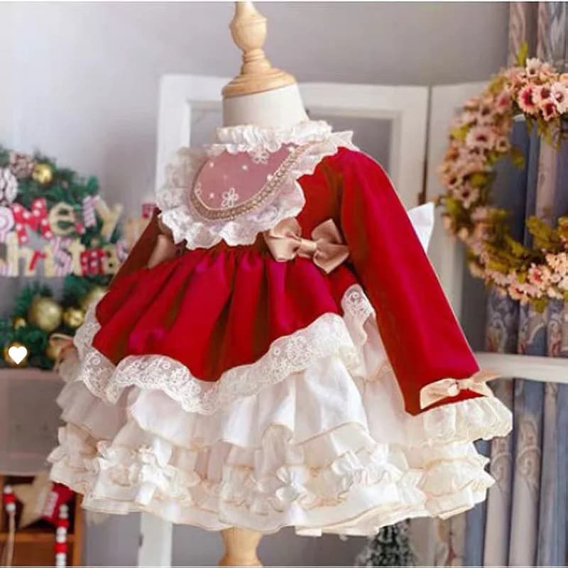 Abito da festa per bambina Nuovo abito gonfio in pizzo vintage spagnolo Lolita Prom Festa di Natale Abito da principessa pasquale Calzini regalo