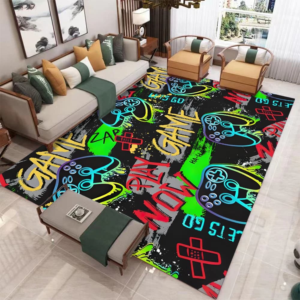 Tappeto da Gaming Graffiti con Motivo Controller Neon, Antiscivolo e Facile da Pulire, Decorazione per Sala Giochi, Camera da Letto per Adolescenti e Man Cave