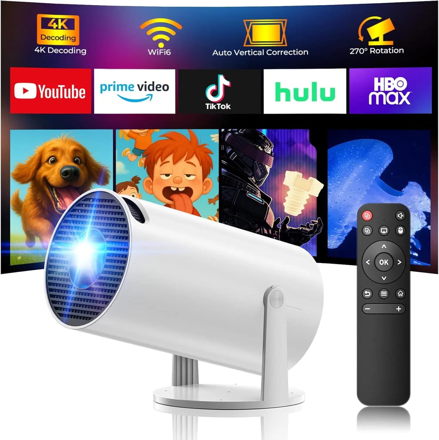 Mini Proiettore con WiFi e Bluetooth, Supporto 4K, 270 ° Proiettore Portatile Rotante per Home Theater, Display Smart da 130''