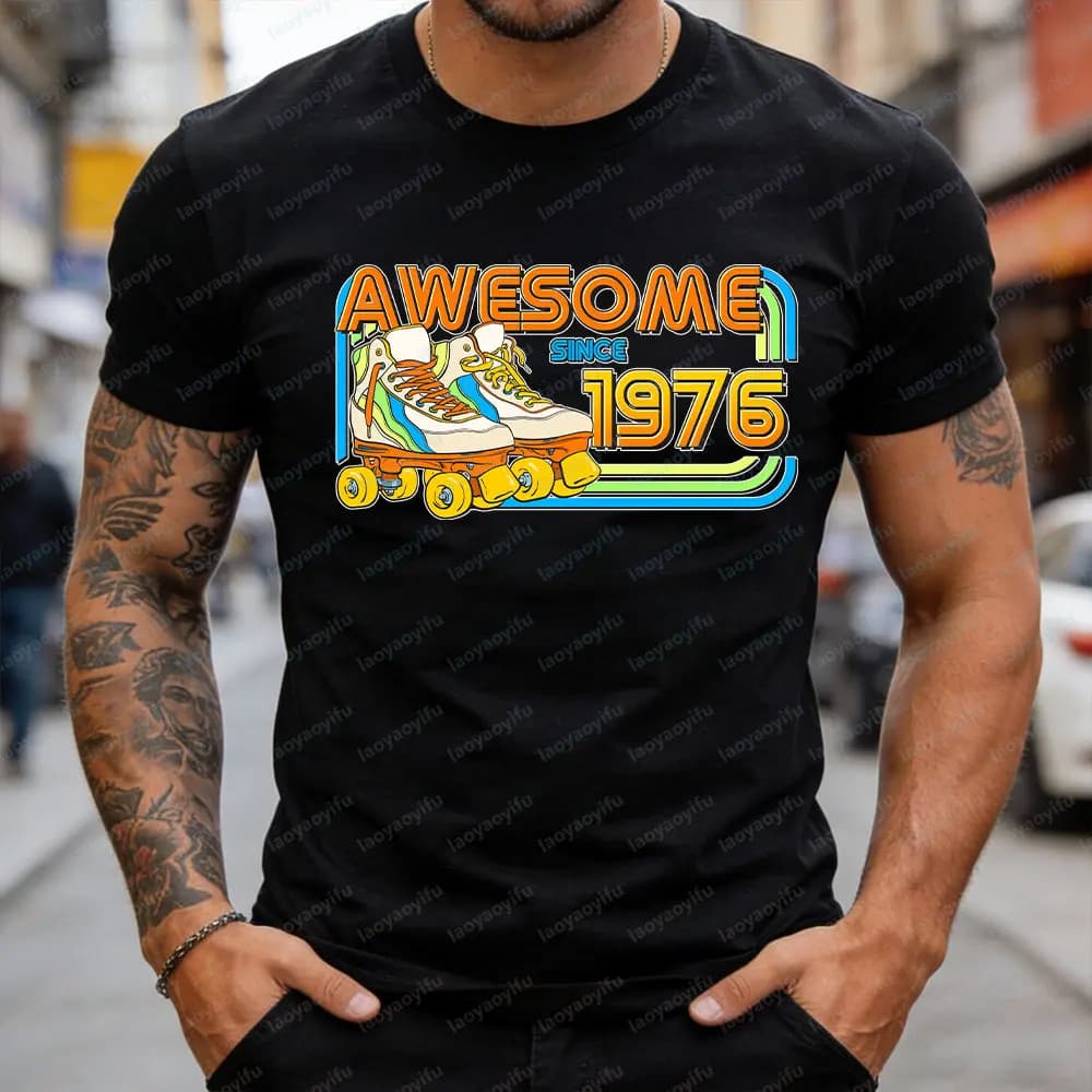 AWESOME SINCE 1976 T-shirt da uomo in cotone realizzata nel 1976 con tutti i componenti originali, maglietta con colletto da uomo in edizione limitata per il compleanno del 1976