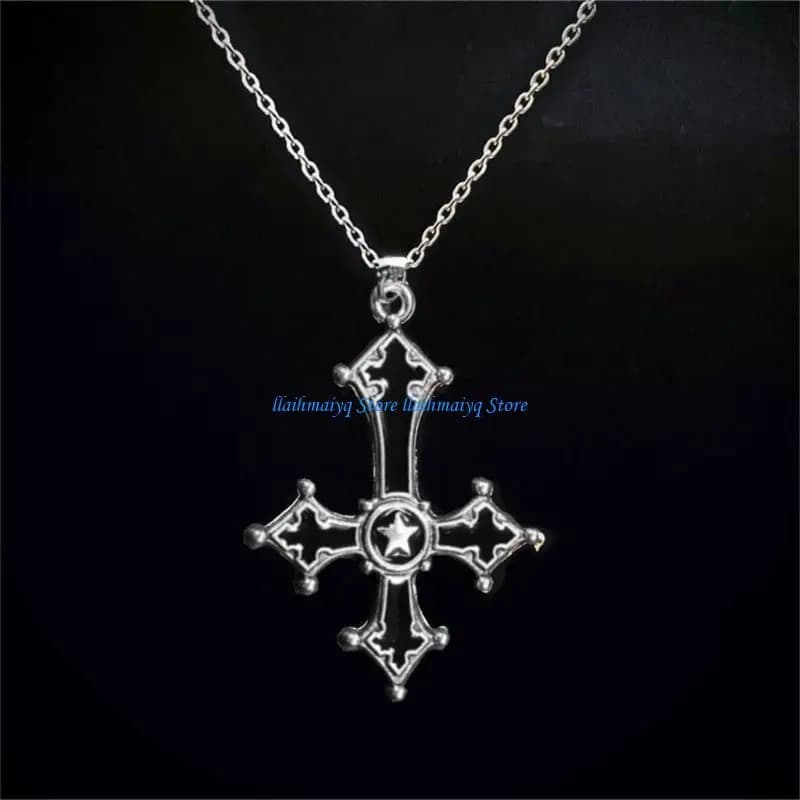 573B Elegante collana con crocifisso rovesciato gotico con ciondolo in lega, gioielli eleganti per abiti e feste festival