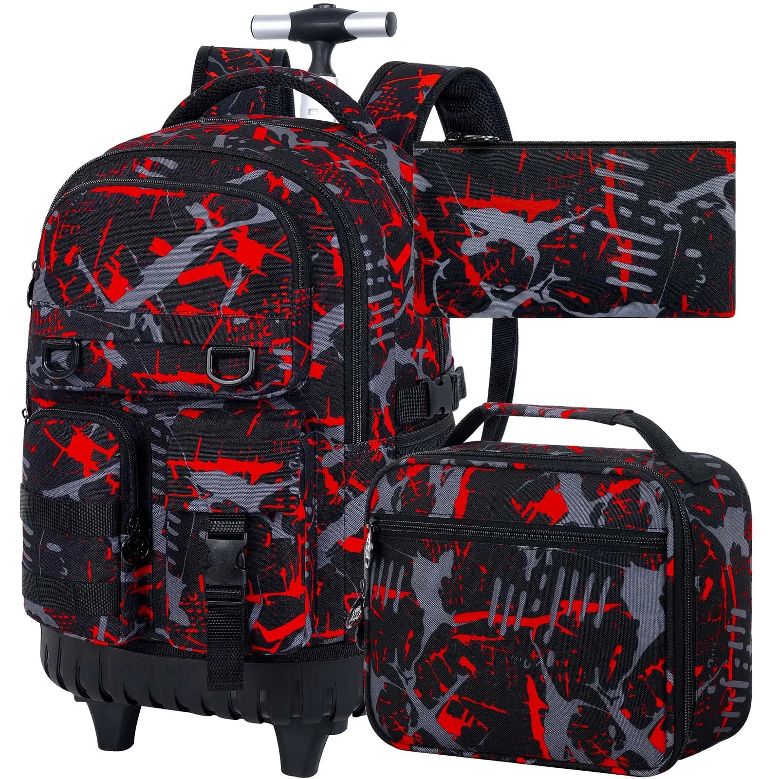 3Pcs Boys Red Camo Print Rolling Backpack Set, Wheeled School Bag with Handbag & Pencil Case for Kids Students