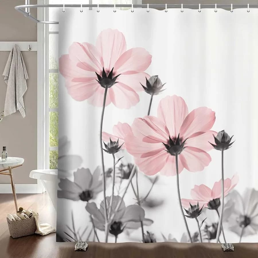 Tenda da doccia floreale rosa unica per l'arredamento del bagno Fiore margherita rosa e grigio Elegante design a fiori di campo Curtai per doccia a ferro da fattoria