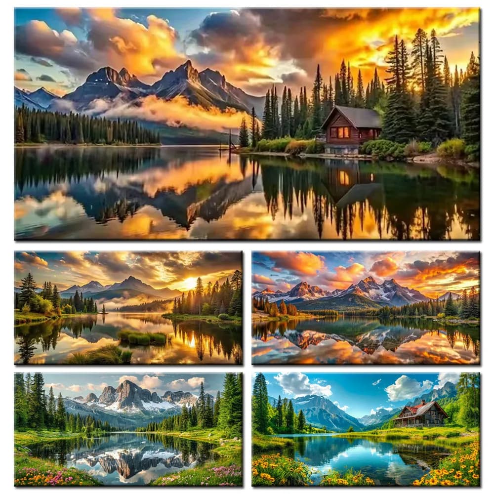 DIY Diamond Painting Cross Stitch Lake Forest and Mountains Scenery Picture Full Drills Diamond Mosaic New Collection Home Decor
