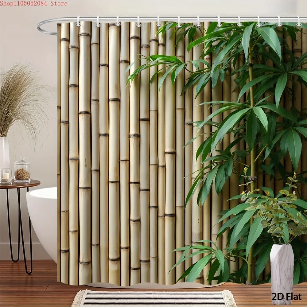 Natural Bamboo Stalk Green Leaf Shower Curtain Zen Tropical Plant Background Print Waterproof Fabric Bathroom Curtain With Hooks
