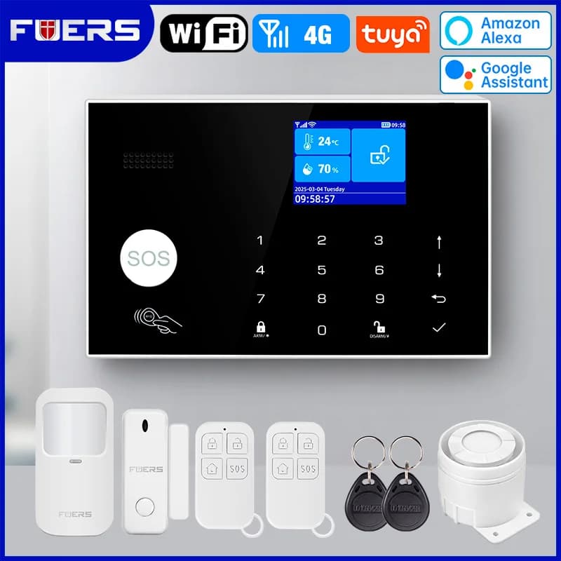 FUERS WIFI 4G Sistema di Allarme Sistema di Allarme di Sicurezza Antifurto Domestico Senza Fili Tuya APP di Controllo 433 mhz Rilevatore di Movimento PIR Sensore di Fumo