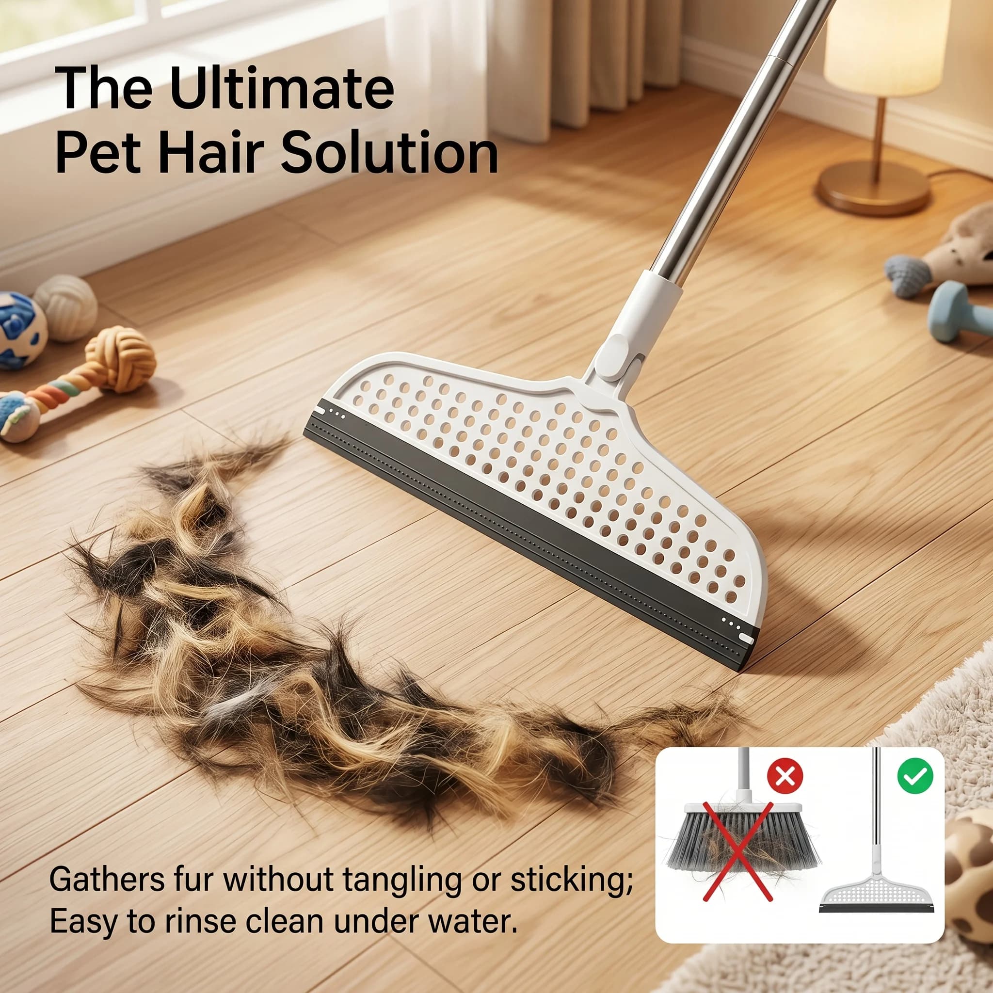 Durable Silicone Floor & Glass Wiper Set – Stainless Steel Handle, Hair Removal Tool for Home Cleaning