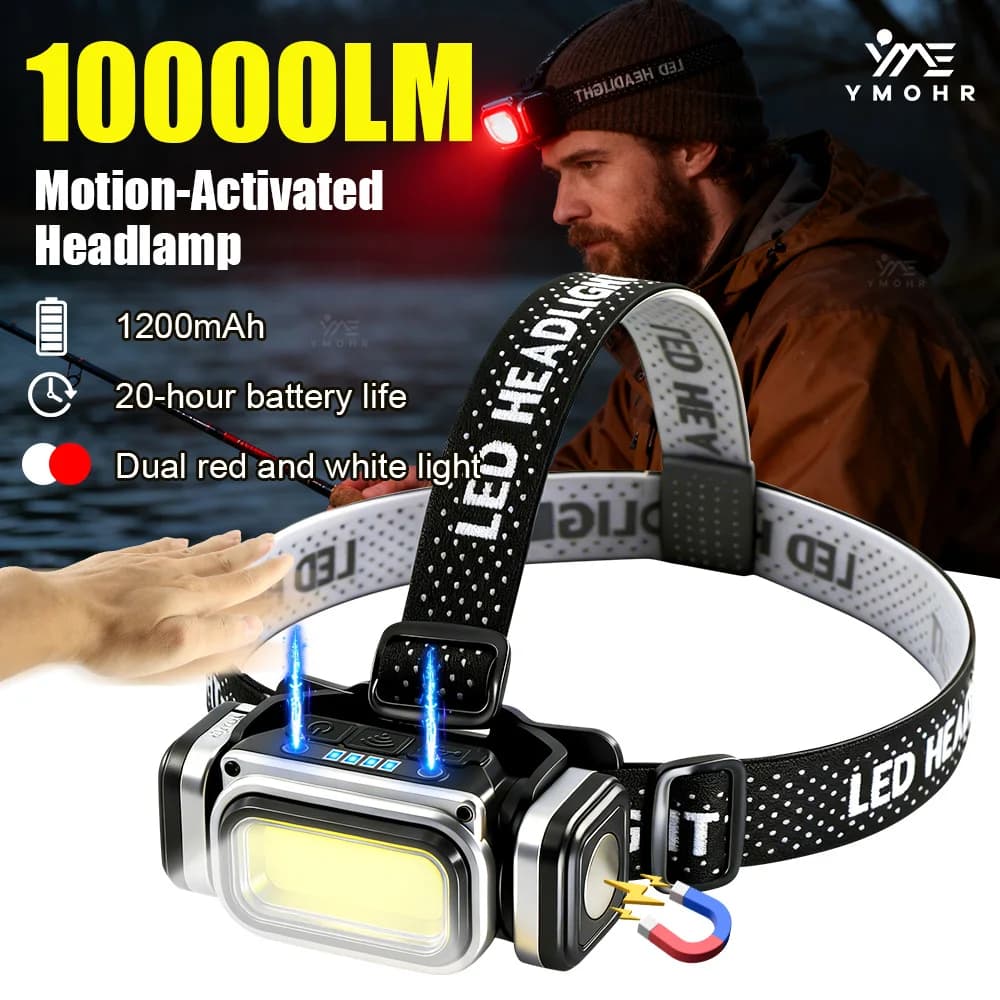 10000LM Lampada frontale a LED ultra luminosa con sensore di movimento Faro 18650 EDC Testa a luce LED Lampada ricaricabile USB Campeggio esterno Corsa